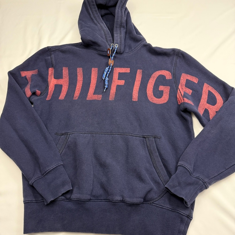 Tommy Hilfiger Big Logo Hoodie Men's S Navy‎ Retro Streetwear Pullover